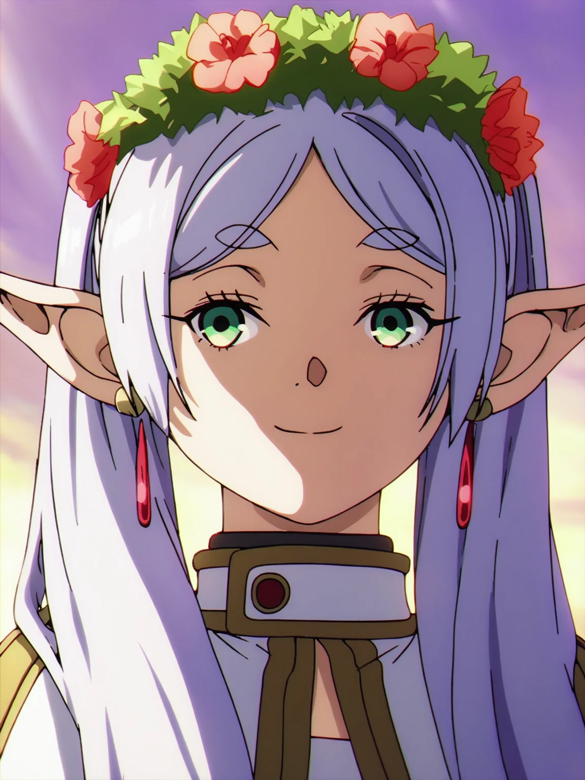 1girl, sfrieren, elf, pointy ears, silver hair, white hair, green eyes, BREAK
earrings, flower, flower field, garden, head wreath, BREAK
upper body, close-up, face, smile, glowing eyes, BREAK
<lora:sfrieren_ponyxl:1>, score_9, score_8_up, score_7_up, score_6_up, anime,
(high quality, detailed, beautiful), shiny, detailed beautiful eyes, outstanding, countershading, detailed soft lighting