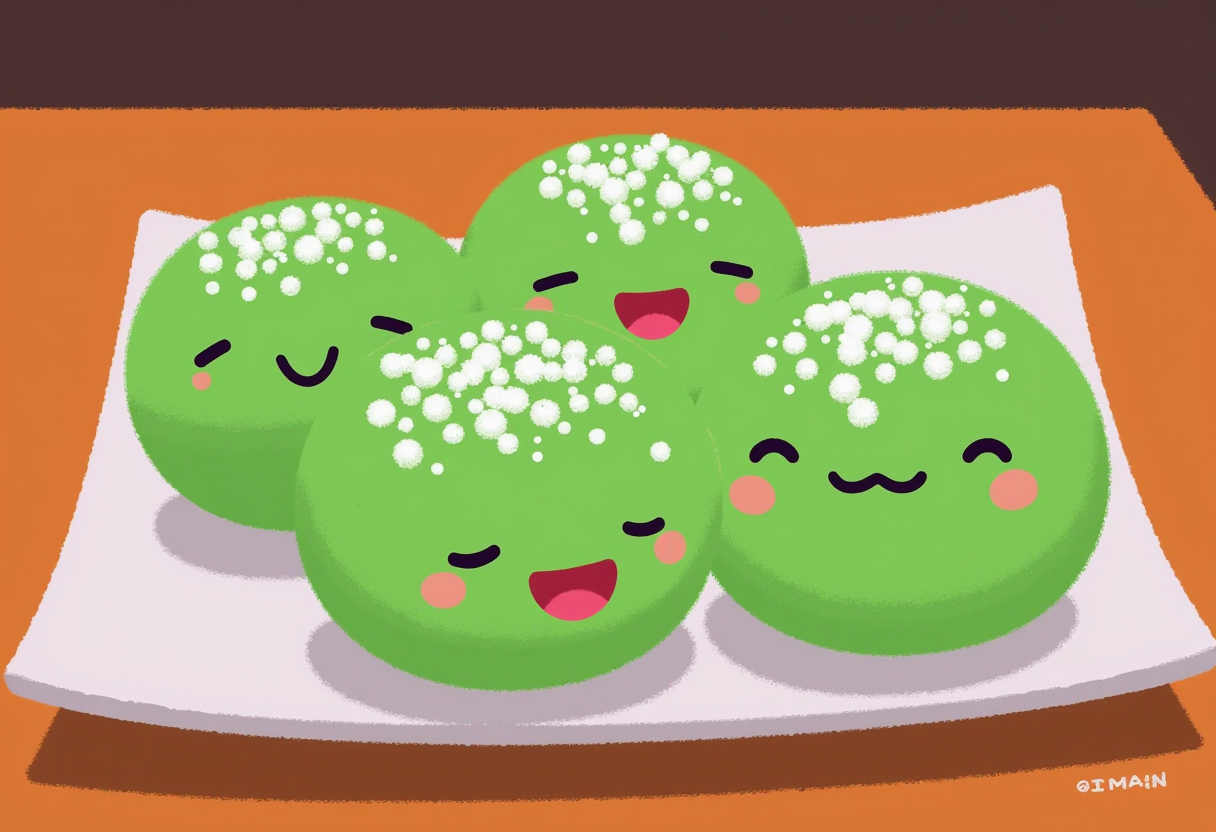 pikaole of a plate of happy green mochi balls with cute simple faces, they are giggling and smiling, some are blushing, they have powdered white sugar sprinkled on them, they are on a square porcelain plate on a wooden table in a japanese restaurant