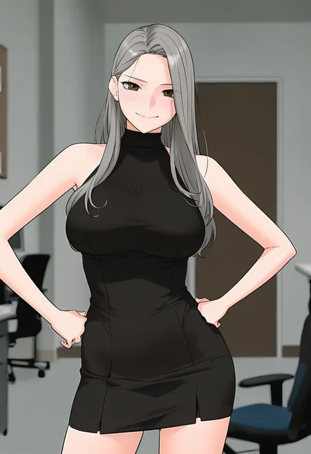 masterpiece, best quality, intricate details, anime screencap, official style, depth of field,
dark, night,
indoors, office, office chair,
blush,
looking at viewer, seductive smile,
BREAK.
standing, contrapposto, hands on own hips, cowboy shot, straight-on, facing viewer, portrait,
BREAK.
black dress, halter dress, short dress, sleeveless, BREAK.
joinah, 1girl, solo, brown eyes, grey hair, long hair, forehead, hair behind ear, large breasts, BREAK.
<lora:Mobydick(Webtoon)_All-In-One_ILXL_v1:1>