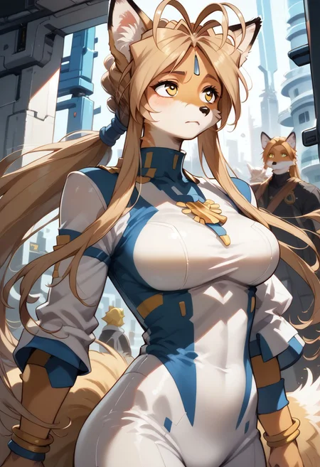 Expressiveh, negative_hand, score_9, score_8_up, score_7_up, belldandy as an (anthro fox),long oval face, short snout, two toned fur, large fox ears, fox tail, animal nose, yellow fur, white facial fur, tan hair, long hair, parted bangs, gold eyes, white triangle forehead gem, large breasts, skintight bodysuit, futuristic bodysuit, standing at attention,
