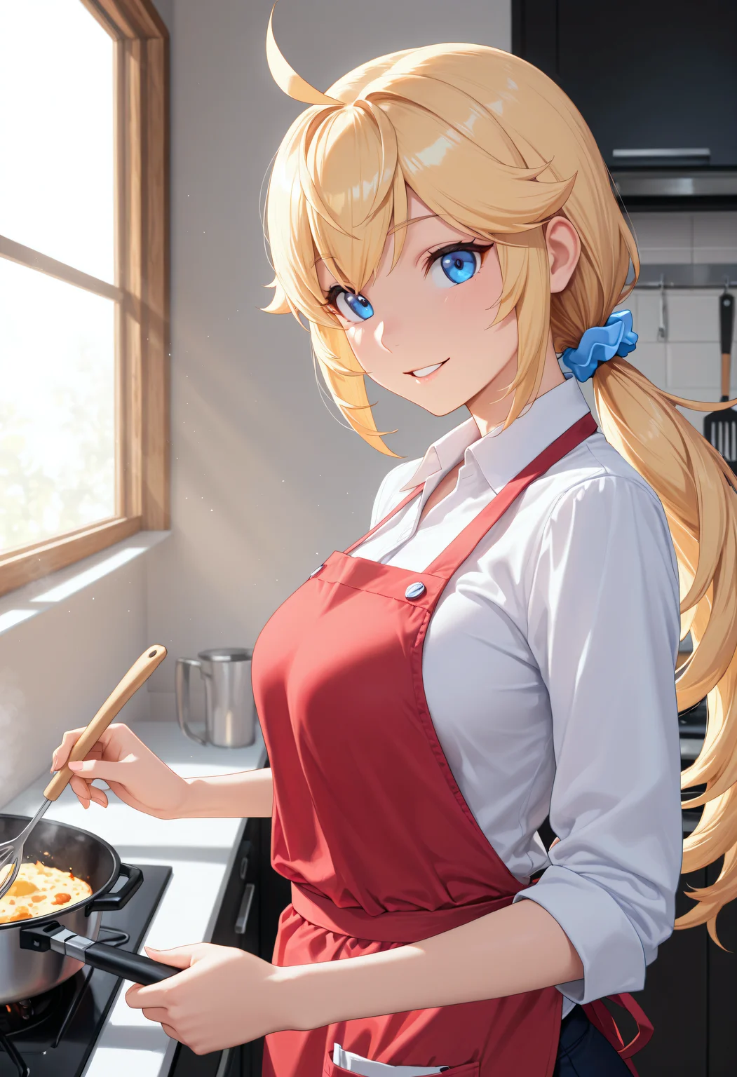 solo, 1girl, <lora:Char_MatsushimaMichiru:1>, blonde hair, hair flaps, ahoge, blue eyes, long hair, blue scrunchie, low ponytail,
from side, looking at viewer, smile, parted lips, cooking, kitchen, windows, sunlight, white shirt, collared shirt, apron, very awa, masterpiece, best quality, highres, absurdres