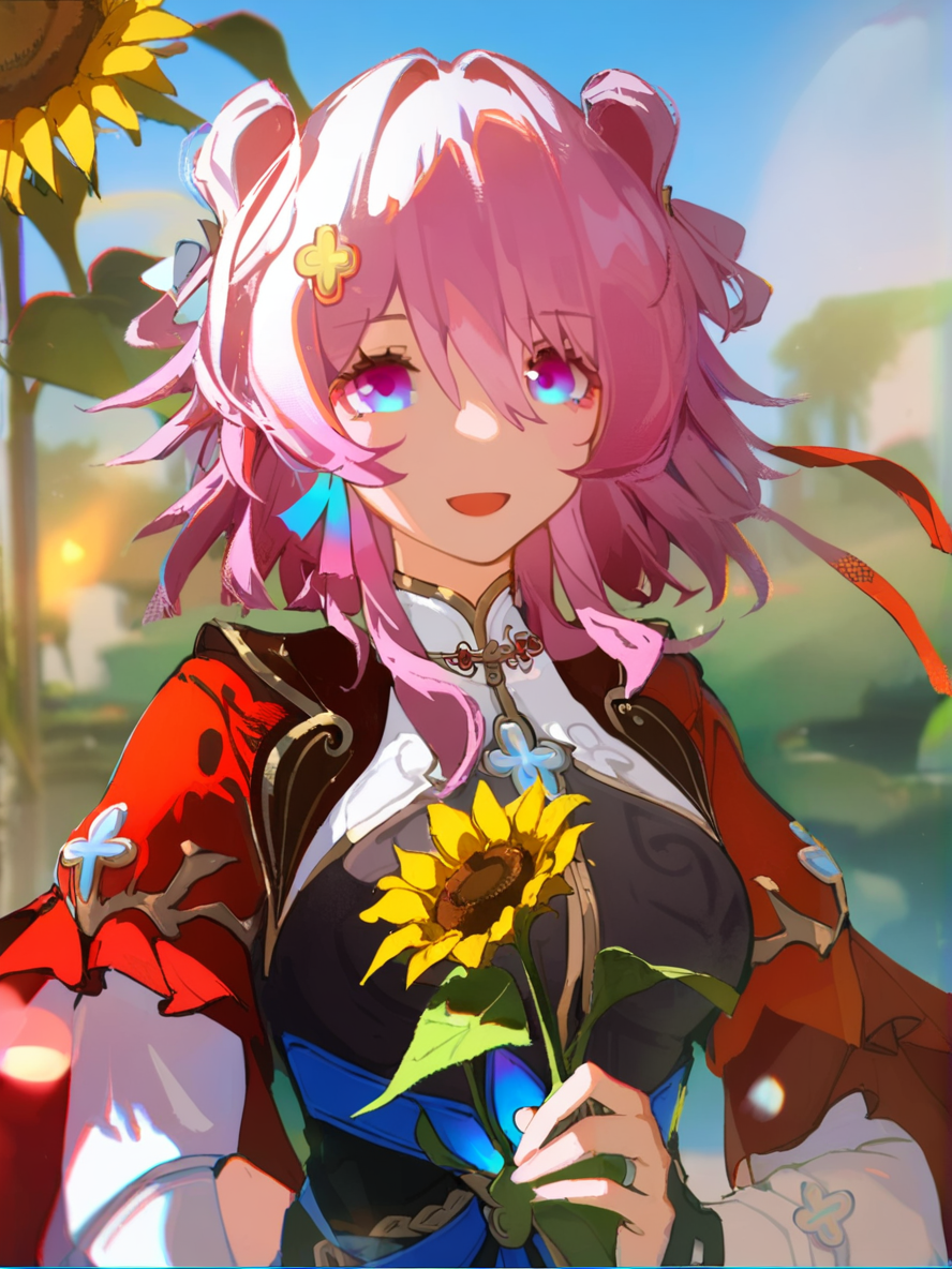 1girl, 
march 7th \(honkai: star rail\),  
solo, red sleeves, flower, sky, day, depth of field, lens flare, bokeh, chromatic aberration, pink hair, two-tone eyes, sunflower, medium hair, blue sky, holding flower, outdoors, blue eyes, smile, open mouth, detached sleeves, purple eyes, holding, dress, upper body, white dress, looking at viewer, 
  safe
 <lora:mki-ani31-march_7th_The_Hunt-v2-000025:1> <lora:mki-ani31-ahriii-v1-000125:1>
