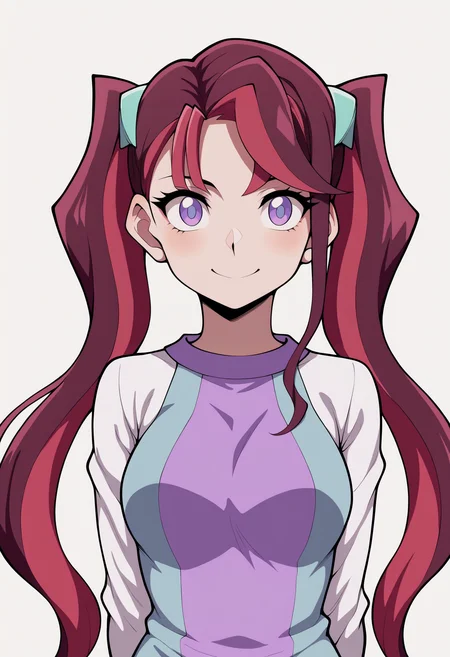 best quality, amazing quality, very aesthetic, absurdres, thick lineart,
1girl, ray akaba, red hair, twintails, hair ornament, purple eyes, long hair,
dress,
upper body,
smile, looking at viewer, solo, simple background, white background, <lora:RayAkabaNoobXL_byKonanV2:1>