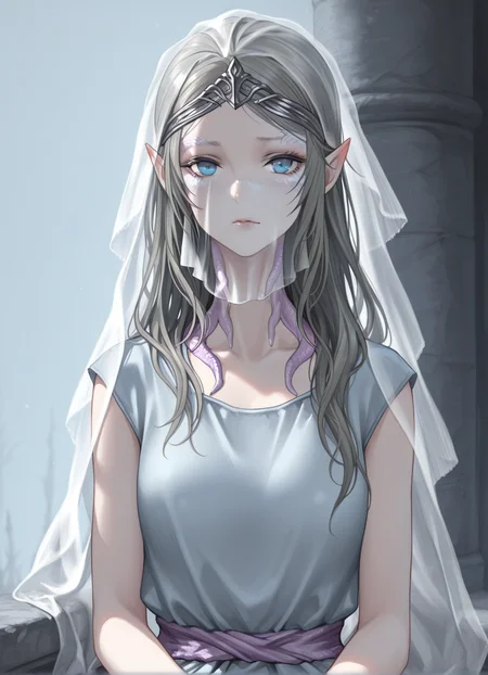 masterpiece, best quality,1girl,upper body, yorshka, solo, long hair, blue eyes, dress, pointy ears, looking at viewer,veil,sitting, <lora:Yorshka:1>