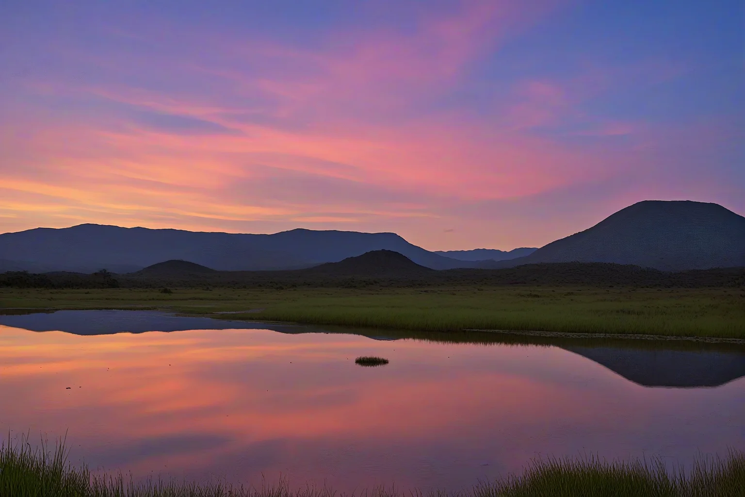Stable_Yogis_PDXL_Positives,<lora:age_slider_v4:-2>,A breathtaking view of the Gran Sabana in Venezuela, with vast grasslands and unique rock formations, The scene is set during twilight, with the sky painted in deep blues and purples, The atmosphere is mystical and serene, inviting contemplation of the natural landscape,(A serene twilight by a still lake, where the sky reflects shades of pink and orange. The atmosphere is calm and reflective, evoking a sense of peace and solitude),âââ