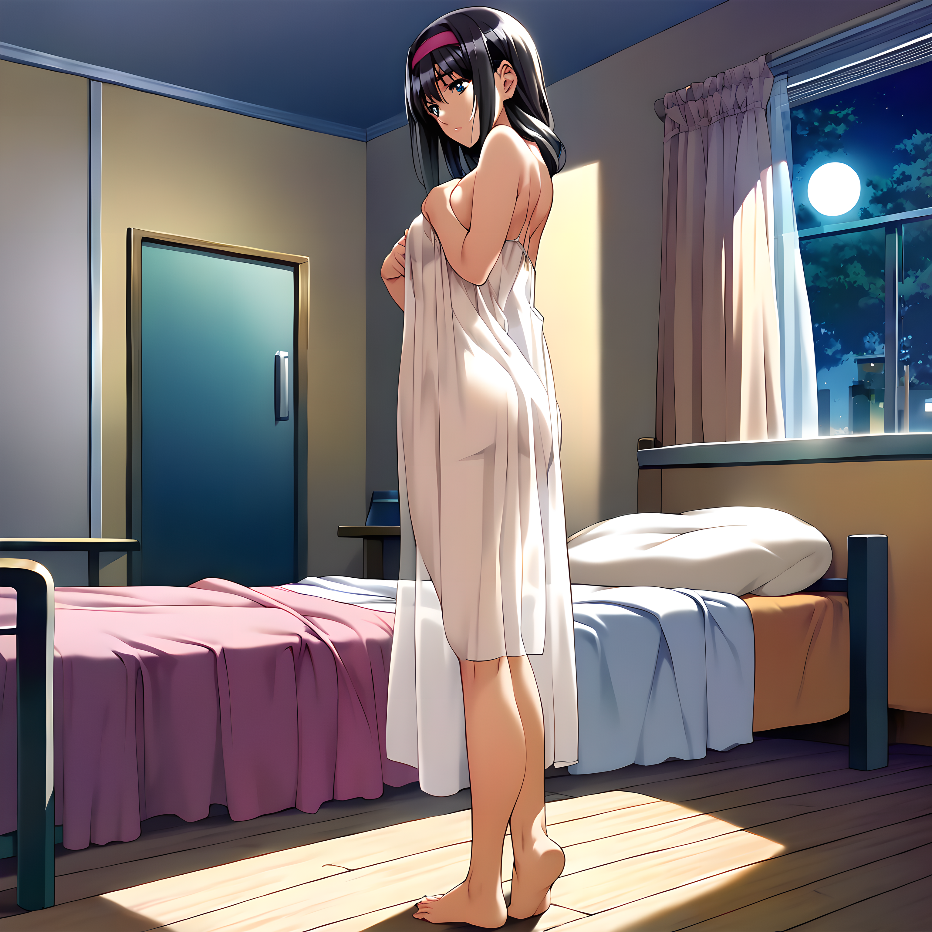 <lora:pony_xl_yuuri:0.8>,yuuri,score_9,score_8_up,score_7_up,source_anime,1girl,black hair,hairband,bedroom,bed,standing,turn_one's_back,naked,night,moonlight,a sheer sheer shirt,