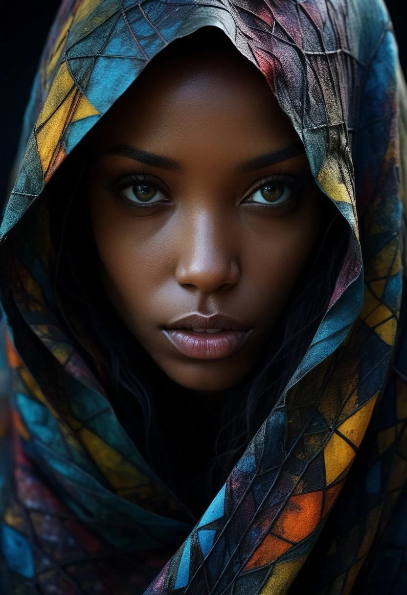 Close-up face, mysterious silhouette of an exotic coloured girl in worn down cape, goddess, alluring, by Minjae Lee, Carne Griffiths, Emily Kell, Steve McCurry, Geoffroy Thoorens, Aaron Horkey, Jordan Grimmer, Greg Rutkowski, amazing depth, double exposure, surreal, geometric patterns, intricately detailed, bokeh, perfect balanced, deep fine borders, artistic photorealism , smooth, great masterwork by Suiras <lora:add-detail-xl:2> <lora:Double_Exposure:0.5>
