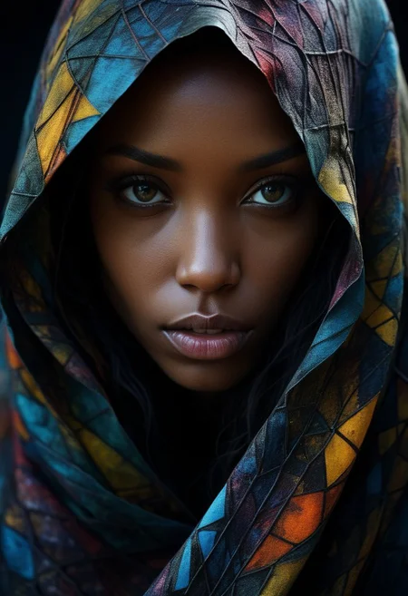 Close-up face, mysterious silhouette of an exotic coloured girl in worn down cape, goddess, alluring, by Minjae Lee, Carne Griffiths, Emily Kell, Steve McCurry, Geoffroy Thoorens, Aaron Horkey, Jordan Grimmer, Greg Rutkowski, amazing depth, double exposure, surreal, geometric patterns, intricately detailed, bokeh, perfect balanced, deep fine borders, artistic photorealism , smooth, great masterwork by Suiras <lora:add-detail-xl:2> <lora:Double_Exposure:0.5>