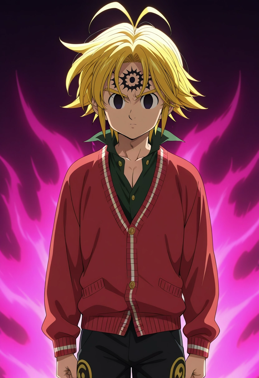 masterpiece, best quality, intricate details, anime screencap, , official style, , 1boy, solo, male focus, <lora:meliodas_nanatsu_no_taizai_ilxl:0.94>, meliodas_nanatsu_no_taizai, blonde hair, short hair, antenna hair, facial mark, empty eyes, black eyes, forehead mark, demon form, demon outfit, , Ruby Cashmere Convertible cargo pants, Cardigan, , , and