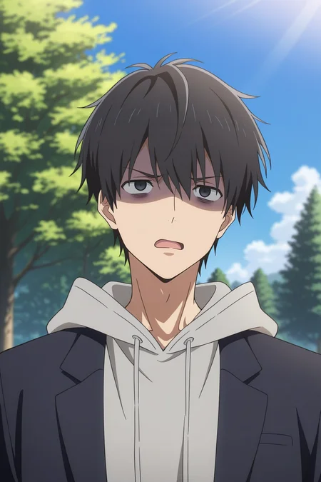 masterpiece, best quality, amazing quality, very aesthetic, high resolution, ultra-detailed, absurdres, newest, scenery, volumetric lighting, depth of field,anime screencap, , , 1boy, solo, male focus, <lora:kuro:0.84>, kuro sakuragawa,black hair,short hair,black  eyes,open mouth,black jacket, upper body, outdoors, sky, day, hood, tree, grey hoodie, blazer, shaded face,bags under eyes,annoyed expression,silly face