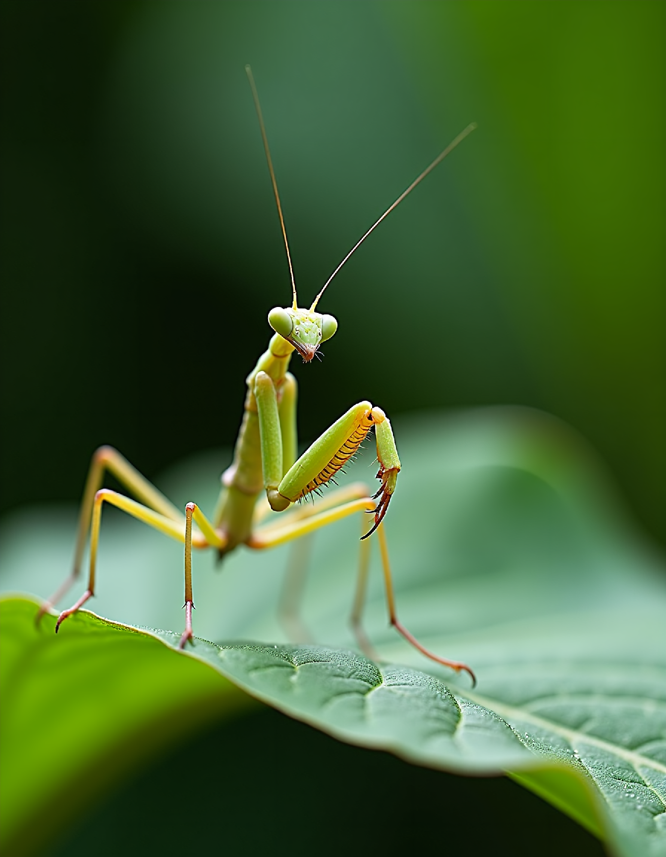 A delicate snapshot of a slender, camouflaged praying mantis perched on a verdant leaf, its intricate details and subtle colors rendered in precise focus by the soft, diffused light that falls upon it, with visible coarse film grain that adds a tactile quality to the image, capturing the stillness and patience of this masterful hunter as it waits for its next unsuspecting prey.