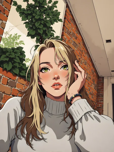 Beautifully detailed and vibrant illustration of a person with long, wavy blonde hair. The individual has striking green eyes that stand out against the lighter tones of their skin. Their expression is neutral, with a slight hint of intensity or contemplation.
The person is wearing a white top with a high collar, which adds to the overall sense of style and elegance. They are accessorized with a bracelet on one wrist, which complements their outfit and adds a touch of detail.
The background features a brick wall with some plants visible, suggesting an indoor setting. The lighting in the image is soft and natural, highlighting the texture of the person's hair and the details of their clothing.
Overall, this illustration captures a moment of quiet beauty and introspection, with the combination of the person's attire, the soft lighting, and the detailed rendering creating a visually engaging and memorable scene. The use of color and composition adds depth and character to the artwork, making it a powerful and evocative piece.
j_art, anime, anime art, <lora:FLUX\jul\J_Anime:1.0>, <lora:FLUX\Anime Art V3:0.1>, <lora:FLUX\RM_Artistify_v1.0M:0.1>, <lora:FLUX\RetroAnimeS1.1:0.1>