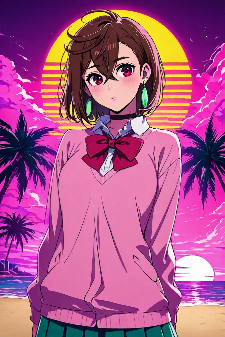 score_9, score_8_up, score_7_up, score_6_up, score_5_up, score_4_up, <lora:ayase_momo-koto-Illustrious v01:0.8>, ayasemomo, hair between eyes, crossed bangs, green earrings, brown hair, red eyes, black choker, short hair, white shirt, red bowtie,pleated skirt,school uniform, pink cardigan, long sleeveshair,, 1girl, solo, alone, <lora:Vaporwave_anime_style_illustriousXL:1>, vaporwave_style, vaporwave, sun background, horizontal striped sun, palm tree, pink cloud, beach, sand, sea, masterpiece, highres