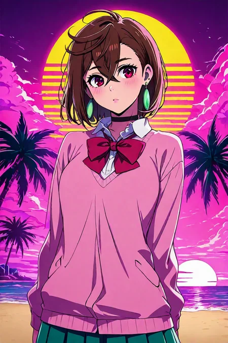 score_9, score_8_up, score_7_up, score_6_up, score_5_up, score_4_up, <lora:ayase_momo-koto-Illustrious v01:0.8>, ayasemomo, hair between eyes, crossed bangs, green earrings, brown hair, red eyes, black choker, short hair, white shirt, red bowtie,pleated skirt,school uniform, pink cardigan, long sleeveshair,, 1girl, solo, alone, <lora:Vaporwave_anime_style_illustriousXL:1>, vaporwave_style, vaporwave, sun background, horizontal striped sun, palm tree, pink cloud, beach, sand, sea, masterpiece, highres