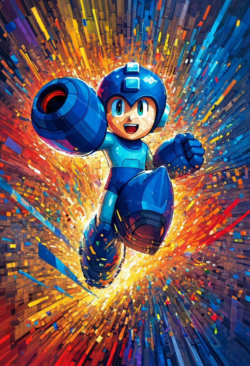 Rockmegamen, Megaman is liberated from a digital system, their words breaking free in stuttered excitement, proclaiming their newfound freedom. The cinematic image depicts a figure breaking through digital constraints, exuding a sense of power and release. Vivid colors and sharp lines convey a strong sense of movement and triumph. Every pixel bursts with energy and vibrancy, capturing the viewer's attention and drawing them into the exhilarating moment of liberation.