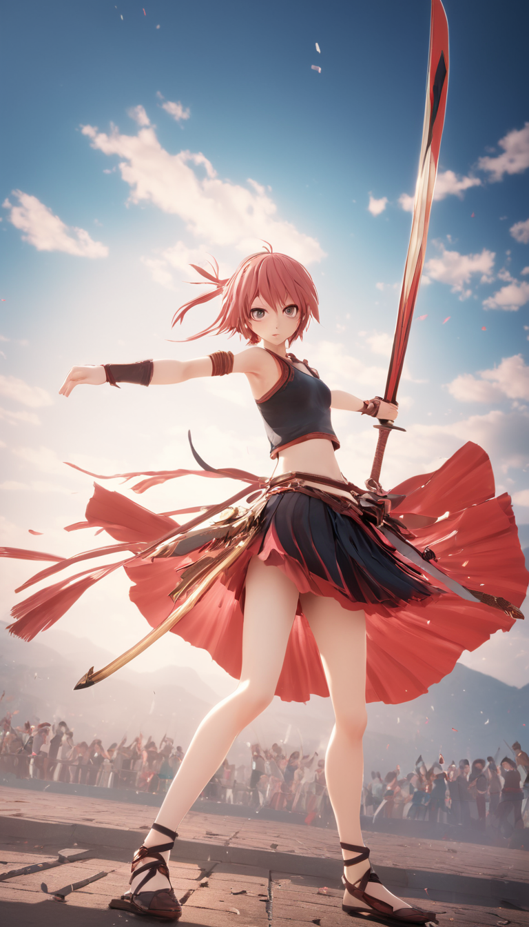 Cinematic scene, hero view, female warrior, action pose, detailed background, masterpiece, best quality, high quality, absurdres mikumikudance, 3d <lora:mikumikudance_medium:1>