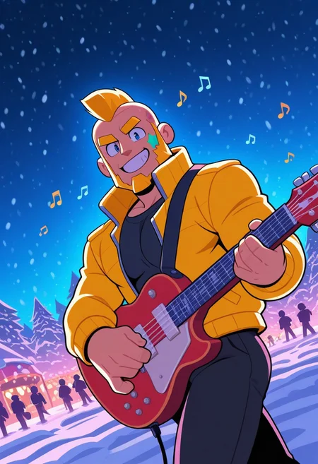 mbtiesfp, 1boy, blonde, short hair, black star on face,, yellow jacket, black shirt, looking at viewer, smirk, grin, happy, brawlStars, in the amusement park, pants, portrait, half body, upper body, blue eyes, shaved mohawk, source_cartoon, vector art, flat color, cel_shading, 2d, bara, manly, muscular, 3/4 view, night sky, aurora in the sky, snow, playing guitar, {{holding red electric guitar}}, in the concert, ((floating colorful muscial notes)), snowstorm, Side View, Pec focus, left view, warm lighting, with people walking background, {{colorful glowing musical notes}}, yellow eyebrows, yellow chin hair, facial hair, dutch angle, 2zdxxps