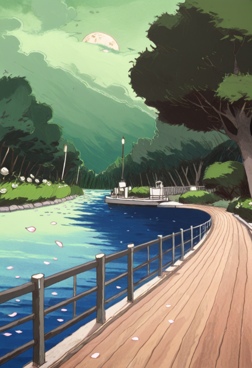 pingyuasa,retro artstyle,

outdoors,
cloud, moon, green sky, blue lake, round houses, fence, lamppost, pier, starry sky, bush, forest, falling petals, petals, white rose, 