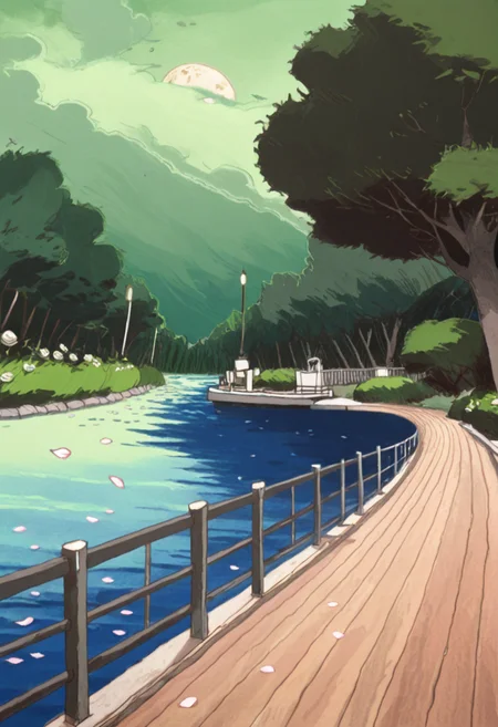 pingyuasa,retro artstyle,
outdoors,
cloud, moon, green sky, blue lake, round houses, fence, lamppost, pier, starry sky, bush, forest, falling petals, petals, white rose,