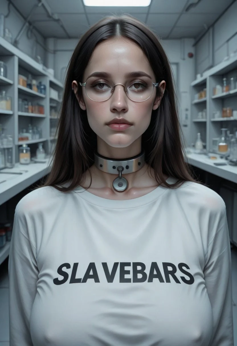 Tiaris as a 20 yo slavegirl wearing a white laboratory shirt, small cowcollar,glasses, bright modern laboratory in background, soft light, low contrast,laboratory