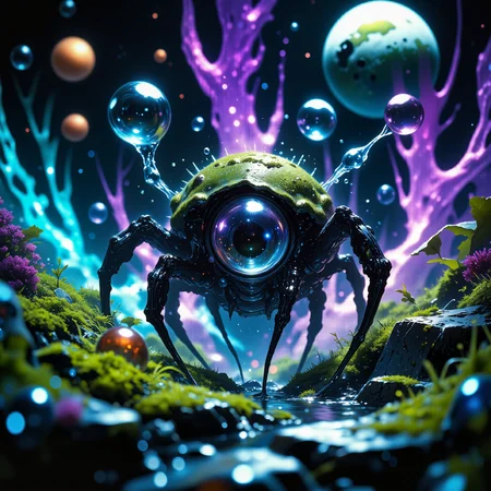 mystical and uncanny scenery on a distant world, award-winning macro photo, short depth of field, hyper realistic, ultra high definition, dim lighting, at night, bioluminescence, subsurface scattering, the compact "many-eyed kardkirg" is a spherical, wobble-pronged lifeform no larger than a vogons skrunkleboop, thriving amidst the bubble-stalked hydroplume fields of planet "snorelab vii." covered in tiny, flexiloid cilia that shimmer with iridescence, the creature gently lofflewambles along the nutrient-rich vaporglades. it sustains itself by absorbing microdroplets released from the hydroplumes, creating an almost elminstered gnipfyturl as it feeds. the gardens are a surreal expanse of undulating, semi-transparent bubble-stalks that pulse with bursts of vapor, giving the entire environment a dreamlike, sproozifying ambiance, creature focus, very aesthetic, extremely detailed, ultra high resolution, 8k, 4k, harmonising colors, ivory and dresden blue and dark amethyst purple and fuchsia and teal and jet black, ovg, in the style of ck-ovf, amanoer, arsmjstyle, dnddarkestfantasy, aidmamj6.1, <lora:style-oneviolentfantasy-ep21-flux-by_chronoknight:0.52> <lora:style-yoshitaka_amano-elden_ring-flux-by_alicient:0.48> <lora:style-dnd_dark_fantasy-flux-by_arsmachina:0.64> <lora:midjourney_61-v0.5-flux-by_aidma:0.68> <lora:faetastic_details-flux-by_faeia:0.56>