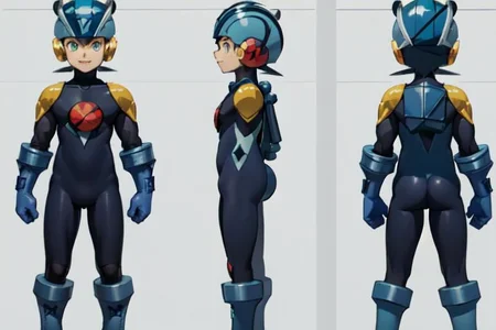 (masterpiece, official art, simple background, full body, standing, chara-sheet), best quality, megaman, (blue footwear, boots), (blue headwear, helmet), (indigo bodysuit:1.5), covered collarbone, yellow pauldron, blue gloves, green eyes, looking at viewer, male focus, open mouth, smile, muscular, large pectorals, thick thighs