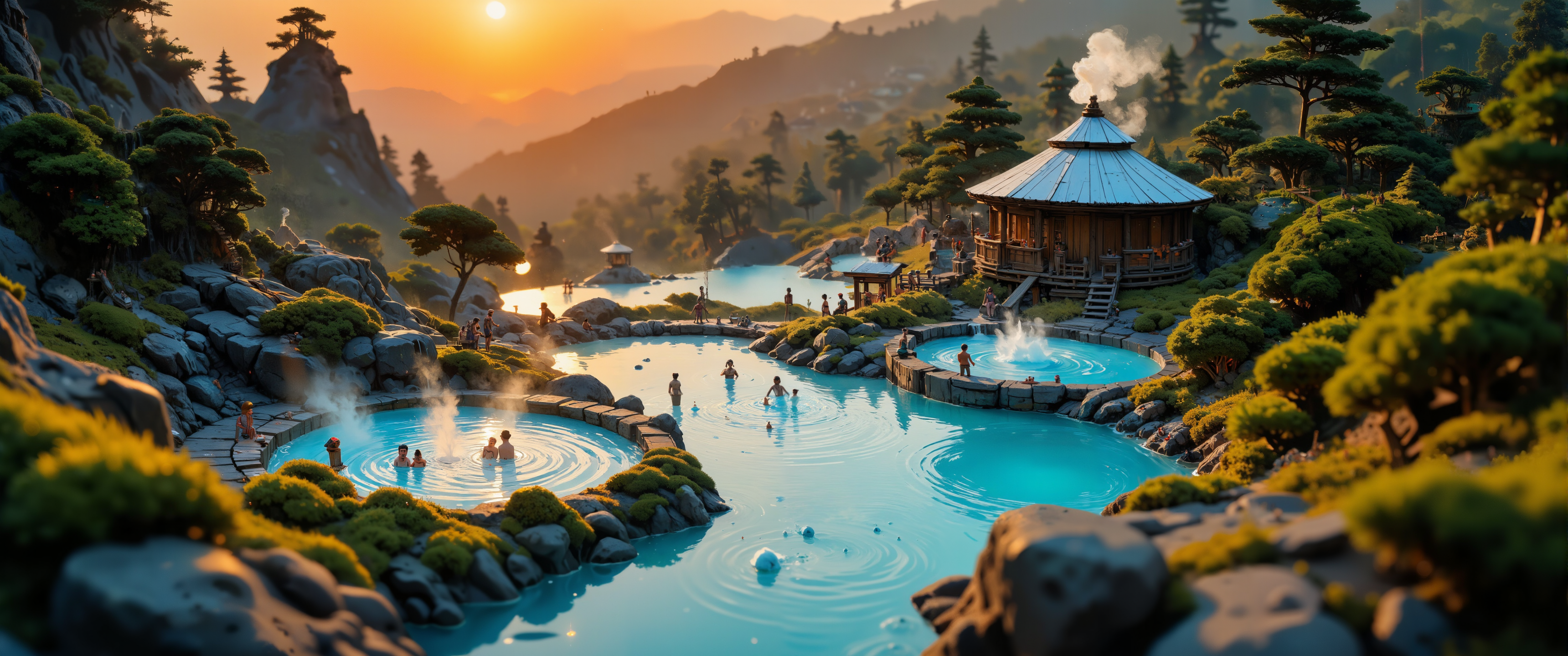 Miniature volcanic hot springs resort with tiny steam-powered gondolas transporting microscopic tourists. Intricate model of bubbling thermal pools in vibrant turquoise and copper sulfate blue, surrounded by scaled moss formations resembling lush trees. Tilt-shift photography highlighting miniature wooden boardwalks and diminutive bathing stations with realistic steam effects rising from hand-crafted pools. Bird's eye perspective capturing meticulously detailed figurines relaxing in healing waters. Dramatic lighting simulating sunset with warm amber rays casting long shadows across the detailed terrain. Handcrafted miniature mud pots with subtle fiber-optic lighting creating believable geothermal activity. 8K photography with selective focus on central thermal feature, background elements artistically blurred. <lora:bm-goth_epoch_1:0.4> <lora:FLUX-daubrez-DB4RZ:0.1> <lora:Organic Sauce - FLUX:0.7> <lora:Niji V2B:0.4> <lora:ck-charcoal-drawing-000014:0.3> <lora:flux_dev:1>