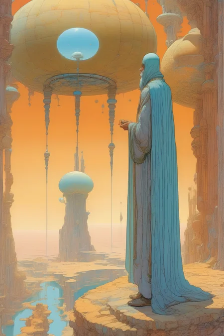 <lora:Luc Schuiten Style:1>Luc Schuiten Style - In the unpublished and breathtaking image from the Arzach album by Moebius, the essence of the Master's artistry shines through with remarkable clarity. Close-up of an extraordinary androgine figure dressed in the style of Moebius figures. The vertical composition, elegantly presented, unveils a scene of unparalleled beauty that resonates perfectly with the spirit of the album. Prepare to be mesmerized by the sheer originality that permeates every aspect of this artwork. As your eyes wander across the canvas, you'll encounter a harmonious fusion of elements that defy convention and ignite the imagination. It is a visual symphony that stands as a testament to Moebius's boundless creativity. Vibrant and sublime colors dominate the image, bursting forth with a luminosity that captivates the viewer. The hues intertwine seamlessly, creating a rich tapestry that evokes a profound sense of awe. From ethereal pastels to vibrant bursts of intensity, the color palette is carefully orchestrated to evoke emotions and transport you to a realm of pure visual delight. Within this captivating tableau, the world of Arzach comes to life. Majestic landscapes unfold, adorned with surreal and fantastical elements that blur the lines between reality and imagination. Moebius's artistic mastery is evident in the intricate details meticulously woven into the image. Each stroke of the brush or pen contributes to the overall narrative, telling a story that is open to interpretation and invites contemplation. The composition invites you to delve into the depths of its symbolism and immerse yourself in the profound beauty it offers. This painting should transport us to a realm where the extraordinary will become ordinary, where the imagination will reign supreme and where the legacy of Moebius' "Arzach" album will endure. This unique jewel will sum up the essence of the Master's art, because it will dazzle with its originality, its beauty and the sublime colors that will spring from its core. Action, Highly Impressive & Realistic Poses, Hyper-detailed, Insane Details, Intricate Details, Cinematics, Editorial Art, Photo Shoot, Tilt Blur, Super-Resolution, Megapixels, Unreal Engine 5, Studio Lighting, Volumetric, Optical, Diffusion Glowing, Shadows, Proportions, Rough, Shimmery, Ray Tracing Reflections, Glossy, Lumen Reflections, Screen Space Reflections, Diffraction Rating, Chromatic Aberration, GB Shift, Ray Tracing, Ray Tracing Ambient Occlusion Anti-Ali asing, Post-Processing, Post-Production, Cel Shading, Tone Mapping, Incredibly Detailed and Intricate, Hypermaximalist, Sleek, Hyper Realistic, Super Detailed, Dynamic Pose, Hyperrealism, 8k