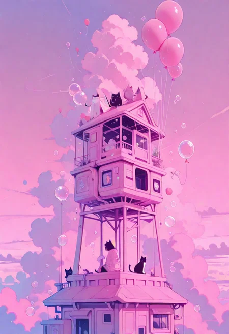 masterpiece, best quality, good quality, newest, highres, absurdres, solo, from back, pink theme, cat, sitting on a flying house, clouds, balloons, bubble, cloud_scape,