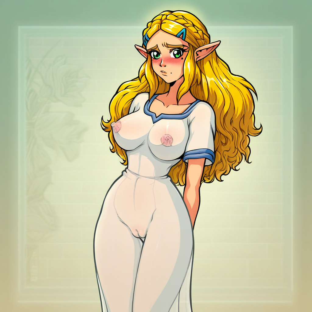 source_hentai, score_9, score_7_up, (4k4bur5tyl3), retro_artstyle, science_fiction, BREAK, Princess Zelda, long hair, (blonde hair), green eyes, perfect eyes, eyelashes, blonde eyebrows, blush, looking at viewer, rating_explicit, 1girl, solo, mole under eye, mole on thigh, dress, see-through, lingerie, covered nipples, cameltoe, detailed background,