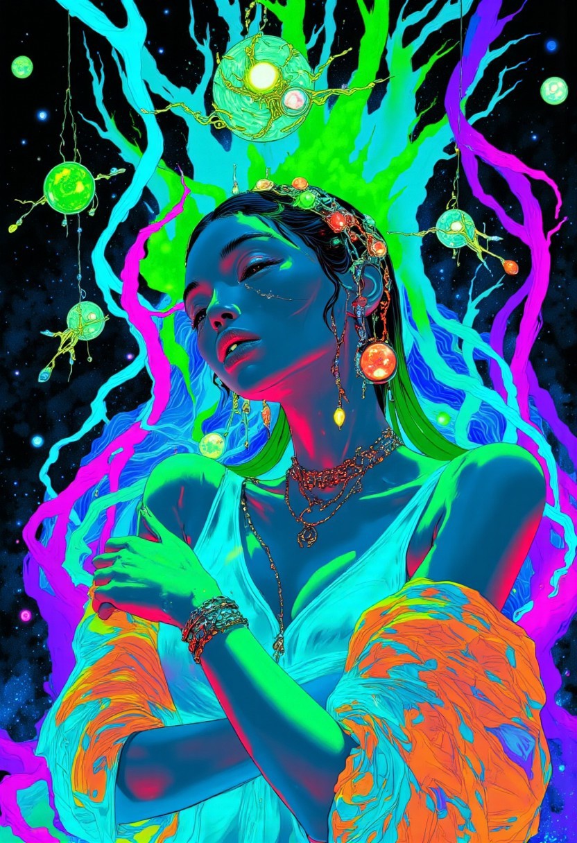 This luminous digital artwork features a serene, ethereal female figure enveloped in a high-contrast, toxic-hued cosmic backdrop. The androgynous woman has an otherworldly presence, her smooth, pale skin glowing with an iridescent sheen. Her long, sleek hair is now a deep, ultraviolet shade, styled into intricate, spiraling designs adorned with metallic, neon-green ornaments. Her eyes remain closed, her expression calm yet enigmatic. She wears a radiant, bio-luminescent headpiece and a sleeveless, shimmering top in electric cyan, exposing her shoulders and upper chest, with flowing, translucent fabrics that pulse with eerie, fluorescent hues.  
The background is a swirling vortex of toxic greens, electric blues, and deep magentas, creating a striking contrast that heightens the surreal atmosphere. Floating, luminescent orbs and neon, smoke-like tendrils weave through the space, enhancing the dreamlike, cosmic setting. The woman’s arms remain crossed in front of her chest, her delicate fingers adorned with sleek, chrome-like bracelets that catch and refract the vibrant light. Surrounding her are several glowing, otherworldly creatures resembling abstract, radiant birds, leaving behind trails of luminescent energy.  
The texture of the artwork is hyper-polished and glossy, with an intense focus on intricate details and striking, high-contrast coloration. The overall mood is hypnotic and transcendent, evoking an atmosphere of luminous mysticism and futuristic surrealism.