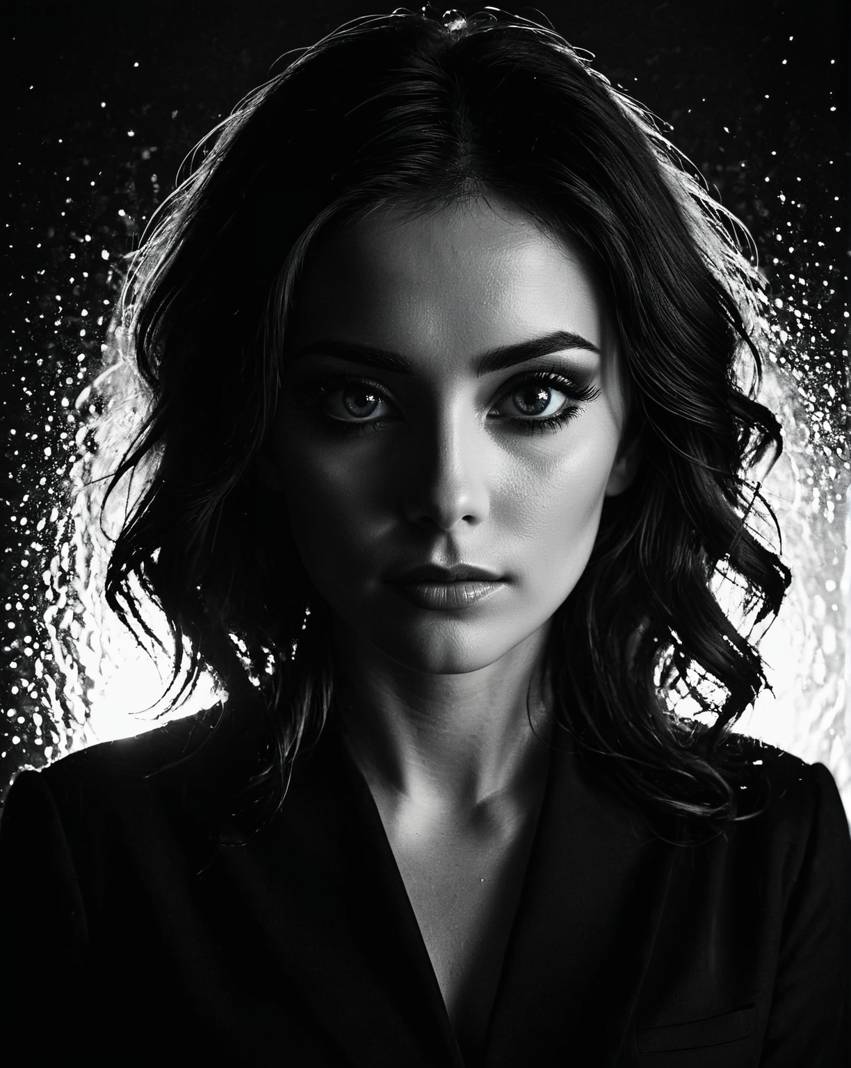 Silhouette style woman,  low light, dramatic lighting, darkness, window lighting, eye lighting, water, black background,  <lora:S4ndr4_mo6:0.75> S4ndr4 . High contrast, minimalistic, black and white, stark, dramatic