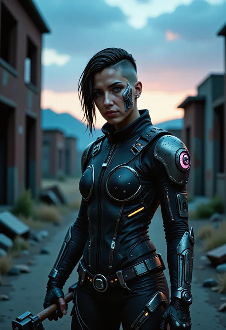 Vibrant Rim Light, As the twilight's dim light casts an ethereal glow, a vikingpunk warrior stands proudly amidst the post-apocalyptic ruins, her advanced exosuit emitting bioluminescent electricity. Her undercut hair with shaved sides, framing her determined expression heterochromia eyes with one mechanical dimly lit eye and one natural eye, full of purpose. She wields a futuristic battleaxe, its edge shimmering with power, prepared for any trial. The desolate landscape, marked by rust and wear and heavy patina of her exosuit and weapon, becomes a stage for her resilience. The exosuit, covering her torso and legs, showcases a blend of ancient Viking culture and futuristic technology, leaving a lasting impression of strength and adaptability in this harsh, Nordic-inspired world. Beauty, realism, chiaroscuro, cinematic quality, rays of light, play of shadow and light, realistic, perfection style, bright rim light, high contrast, bold edge light. mad-cbrpnk-dtlr, hologram, perfection style, <lora:artist/wlop:1.0>, style of wlop, <lora:Magic of Art 2 (FLUX):1.0>, Cinematic style, Beauty, Realism, Photorealism, Chiaroscuro, High quality, <lora:flux/aeshteticv2:1.0>, aesthetic_pose, dynamic_pose, <lora:flux/flux_realism_lora:1.0>,