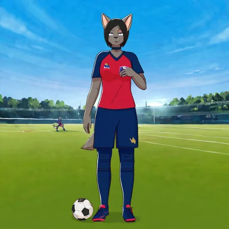 1r15,1girl,solo,furry,furry female,black hair,short hair,black hair,blue eyes,animl nose,snout,choker,body fur,grey fur,tail, soccer uniform, soccer, full body, soccer field, soccer ball