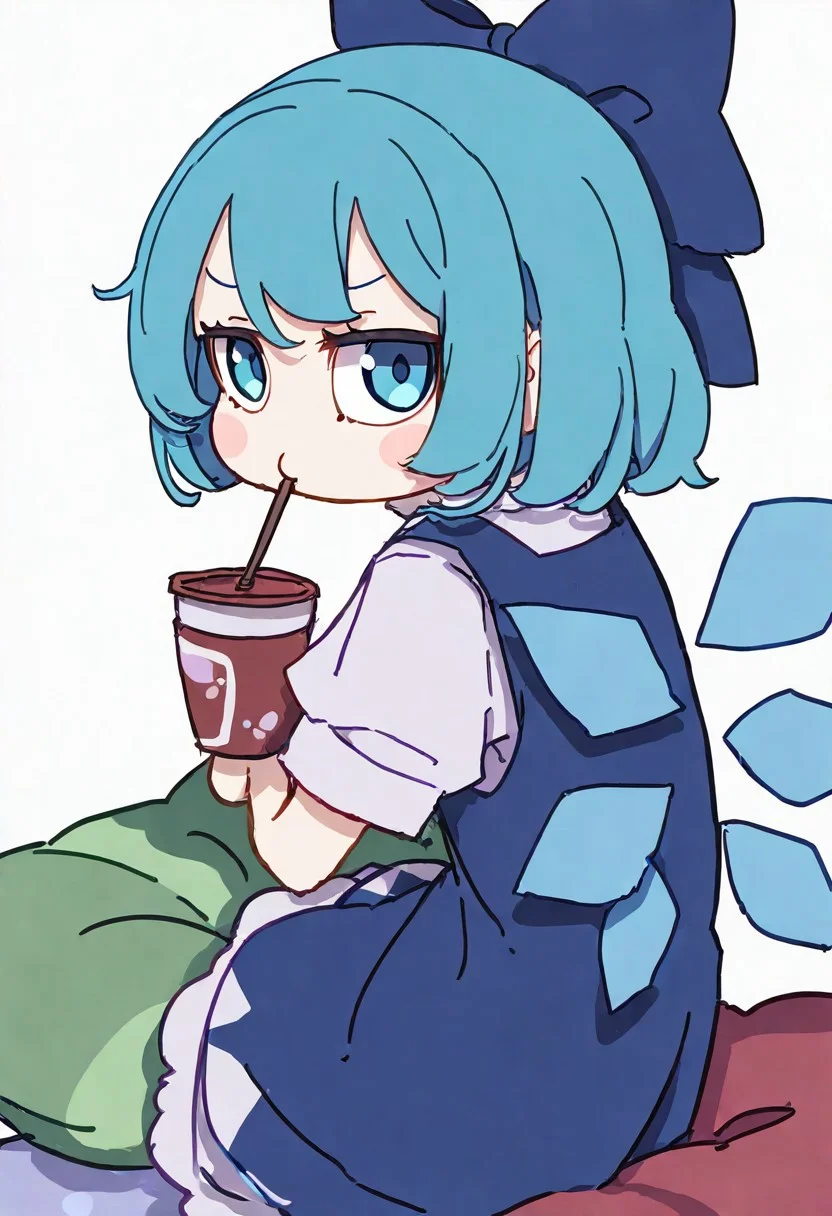 masterpiece, best quality, newest, absurdres, highres, safe, cirno \(touhou\) fumo \(doll\), artist: kame \(kamepan44231\), 1girl, blue eyes, blue hair, short hair, hair bow, blue dress, blue bow, ice wings, wings, ice wings, fumo on a throw pillow and drinking boba