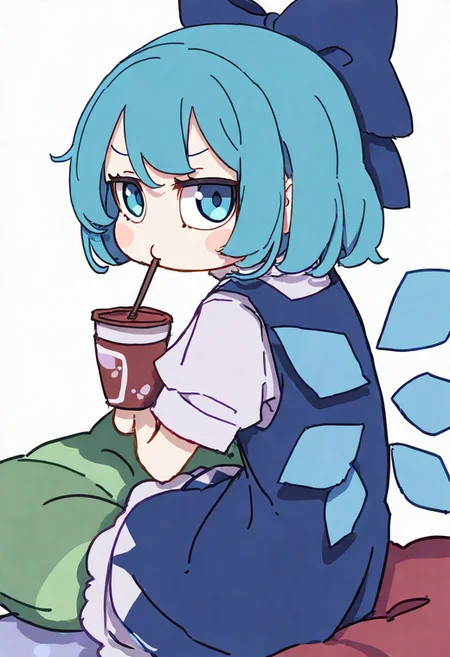 masterpiece, best quality, newest, absurdres, highres, safe, cirno \(touhou\) fumo \(doll\), artist: kame \(kamepan44231\), 1girl, blue eyes, blue hair, short hair, hair bow, blue dress, blue bow, ice wings, wings, ice wings, fumo on a throw pillow and drinking boba