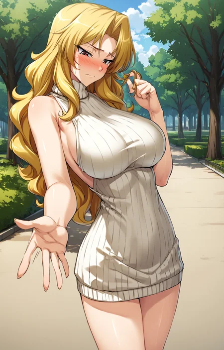 masterpiece, best quality, 1girl, AliciaViewstream, solo focus, standing, facing to the side, looking down, embarrassed, arms at sides, hair twirling, pov, (reaching towards viewer:1.2), sleeve grab, turtle neck sweater, sweater dress, white ribbed sweater, (backless outfit:0.8), zettai ryouiki, bare arms, bare legs, outdoors, park, day, sky, trees, <lora:AliciaViewstream-anxl31:0.6>,