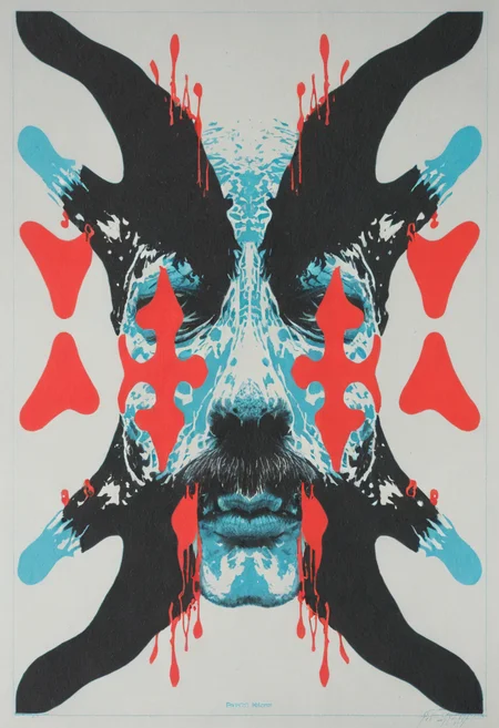 Anaglyph 3D, retro risograph printed rorschach test, Jonathan Meese, b&w<lora:add-detail-xl:1>