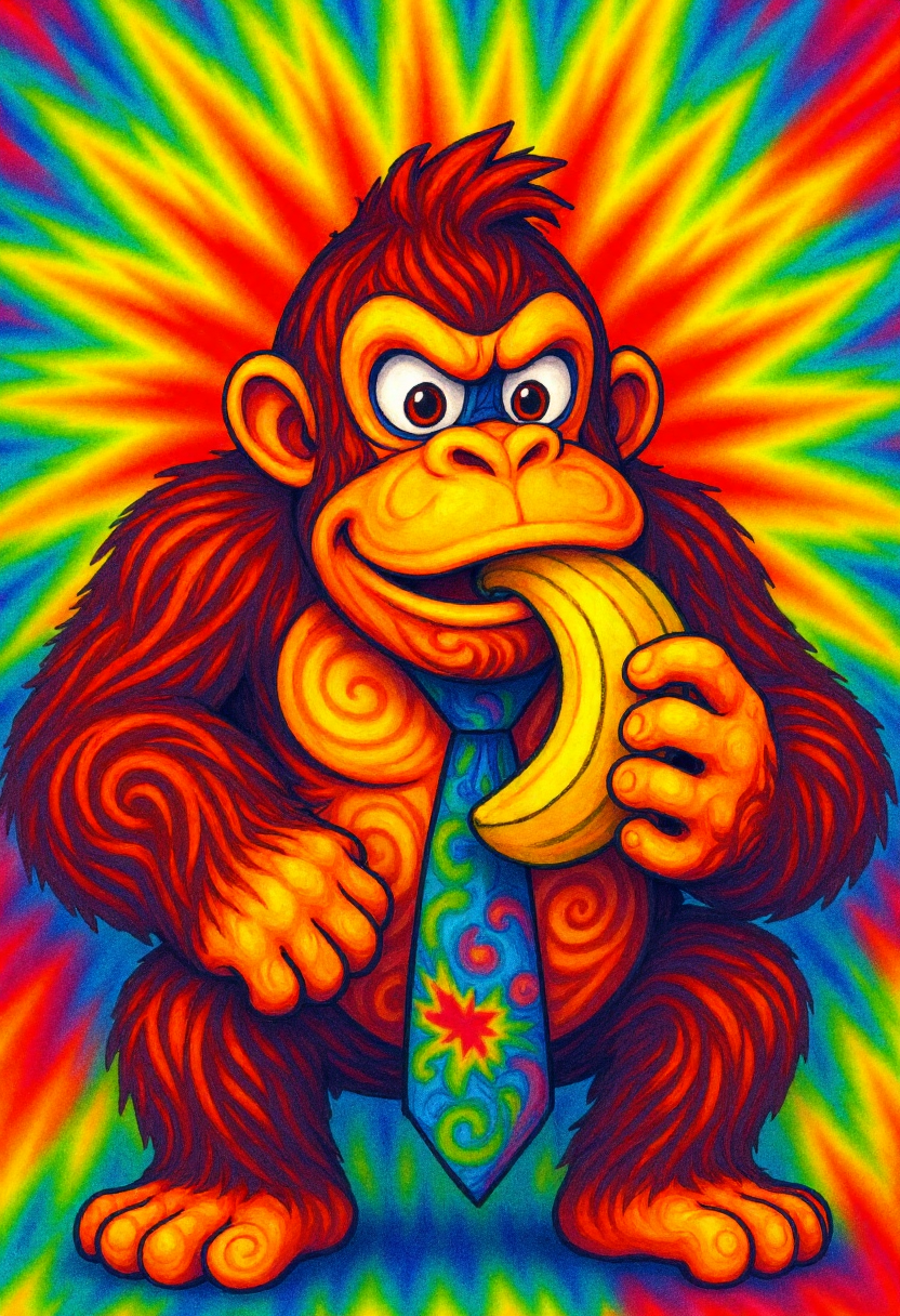 <lora:Tie_Dye_Style_FLUX-000015:0.9> 
This is a vibrant, psychedelic digital drawing of Donkey Kong in a tie eating a banana in a swirling pattern reminiscent of tie-dye artwork.