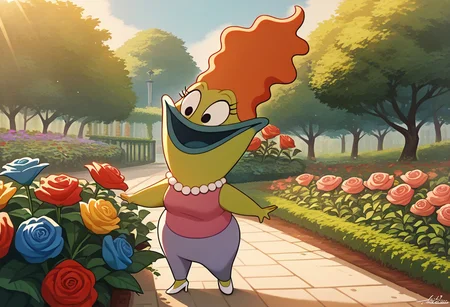 score_9, score_8_up, score_7_up BREAK BevBig, 1girl, orange hair, green skin, black eyes, blue lips, pearl necklace, sleeveless pink shirt, lavender pants, white high-heeled shoes, cowboy shot, amongst garden flowers, garden flowers, surrounded by roses and flowers, happy, sunshine behind, beautiful scenery,