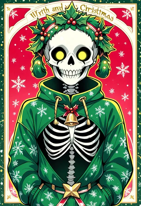 A cute and playful xmastedx skeleton punk dressed in a festive Christmas outfit, featuring a sleek, futuristic design. The outfit showcases a stylish two-tone color scheme of vibrant green and cyan, with intricate holiday-themed patterns like snowflakes and holly leaves subtly glowing along the edges.