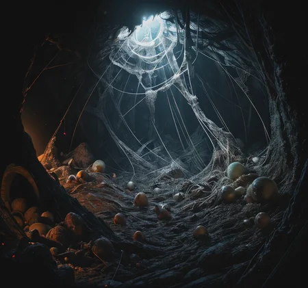 RAW photo, (masterpiece:1.3), subsurface scattering, heavy shadow, (high quality:1.4), (intricate, high detail:1.2), professional photography, HDR, High Dynamic Range, realistic, ultra realistic, photorealistic, high resolution, film photography, ambient lighting, atmospheric effects, <lora:detail_slider_v4:2>, OverallDetail, <lora:Spider_Lair:1>, a sinister cave with spider webs, spidla, cocoon, epiCPhoto