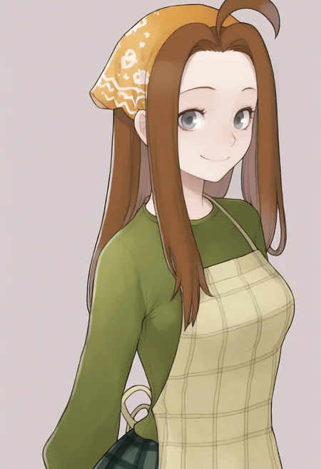 masterpiece, best quality, solo, 1girl, smile, looking at viewer,  <lora:Yasuda-Suzuhito-illus_Fp:1>, simple background, <lora:Celia-illus_Fp:1>, celiahm, brown hair, grey eyes, ahoge, long hair, bandana, green shirt, apron, skirt, plaid,