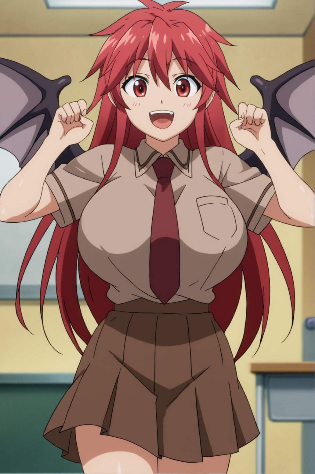 score_9, score_8_up, score_7_up,anime_source, source_anime, best background, detailed background, anime screencap,  Mari, Mari, 1girl, huge breasts, wings, necktie, open mouth, school uniform, brown shirt, brown skirt, smile, solo, dynamic angle, victory pose, victory fingers,   indoors,  <lora:JN_Mari_Setagaya:0.8>