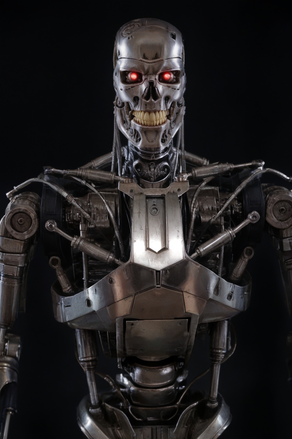 T800_Endo, Terminator robot, score_9, score_8_up, score_7_up, (source_IRL, source_movie), cinematic, realistic, masterpiece, high quality, highres RAW photo, ((upper body shot, front view))
a T800_Endo Terminator Robot with red eyes, he is made of metal, he is made of shiny chrome metal, new, clean, <lora:T800_Endo_Terminator_Pony_v1:1>
(standing)
black background
dynamic lighting, highly detailed, intricate details, shadows