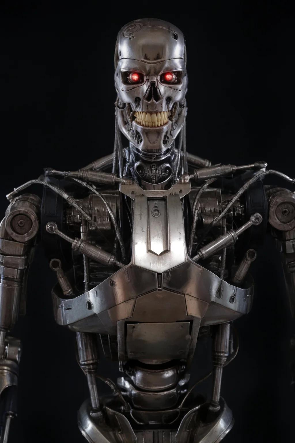 T800_Endo, Terminator robot, score_9, score_8_up, score_7_up, (source_IRL, source_movie), cinematic, realistic, masterpiece, high quality, highres RAW photo, ((upper body shot, front view))
a T800_Endo Terminator Robot with red eyes, he is made of metal, he is made of shiny chrome metal, new, clean, <lora:T800_Endo_Terminator_Pony_v1:1>
(standing)
black background
dynamic lighting, highly detailed, intricate details, shadows
