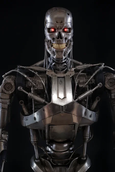 T800_Endo, Terminator robot, score_9, score_8_up, score_7_up, (source_IRL, source_movie), cinematic, realistic, masterpiece, high quality, highres RAW photo, ((upper body shot, front view))
a T800_Endo Terminator Robot with red eyes, he is made of metal, he is made of shiny chrome metal, new, clean, <lora:T800_Endo_Terminator_Pony_v1:1>
(standing)
black background
dynamic lighting, highly detailed, intricate details, shadows
