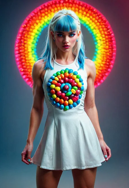 An epic photo of a muscular avant-garde punk fashion model \(with white hair and blue bangs\) wearing a skittles dress, stargate portal \(made of skittles\) in the background, taste the rainbow, neon color, masterpiece, best quality, intricate details, highly detailed, sharp focus, dynamic lighting, flux-style