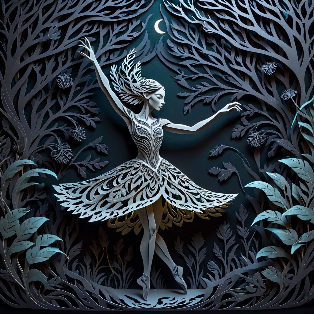 artpkplnt, illustration, dancer in the dark, 4k, uhd, warlock, masterpiece, Artpprct, in the style of papercutting, relief carving, nature, oittppts
