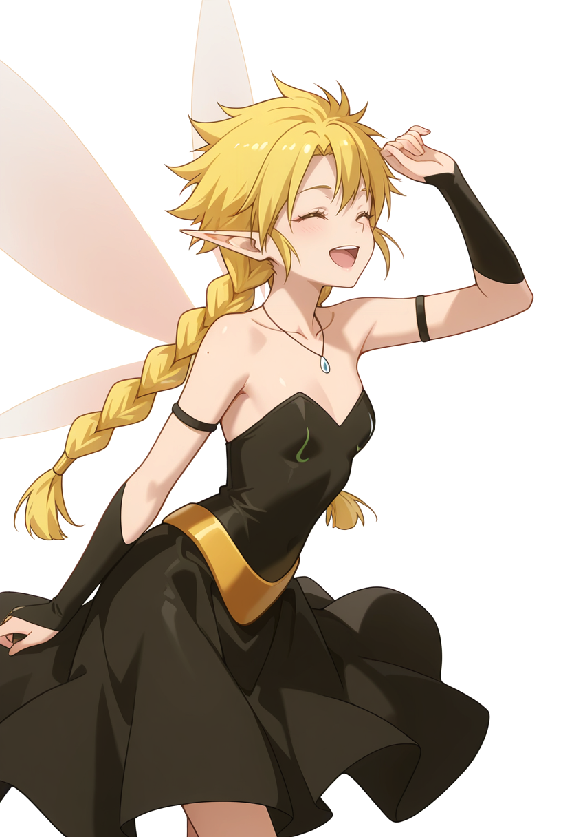 Smooth Quality,masterpiece,very intricate, high quality details, ultra realistic, high detailed skin,detailed enviorement,absurdres, 
simple background, white background, 
from side,dancing,
^o^,solo, 
 <lora:Ramiriscnn:0.8> ramiriscnn, 1girl, fairy, minigirl, blonde hair, yellow eyes, pointy ears, long hair, twin braids,small breasts,fairy wings, bare shoulders, collarbone, black dress, strapless dress, bridal gauntlets, necklace,